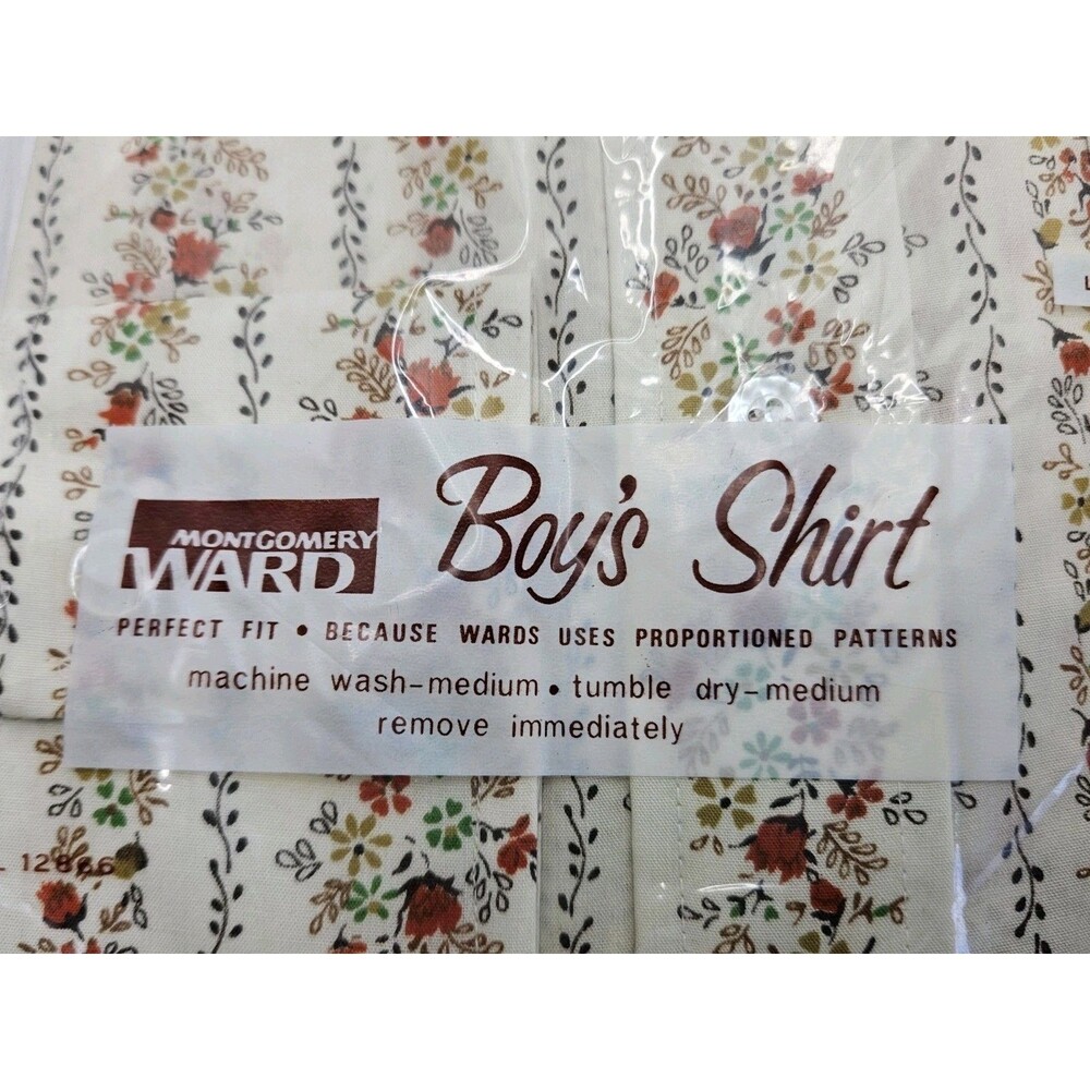Vtg 1970s Montgomery Ward Long Sleeve Boys Shirt Sz 10 Floral Print Retro NOS - Picture 3 of 7